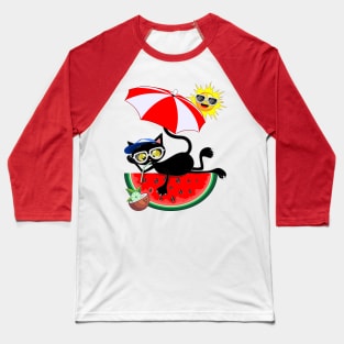 Cat Cartoon and Juicy Watermelon Summertime Chill Humorous Character Baseball T-Shirt